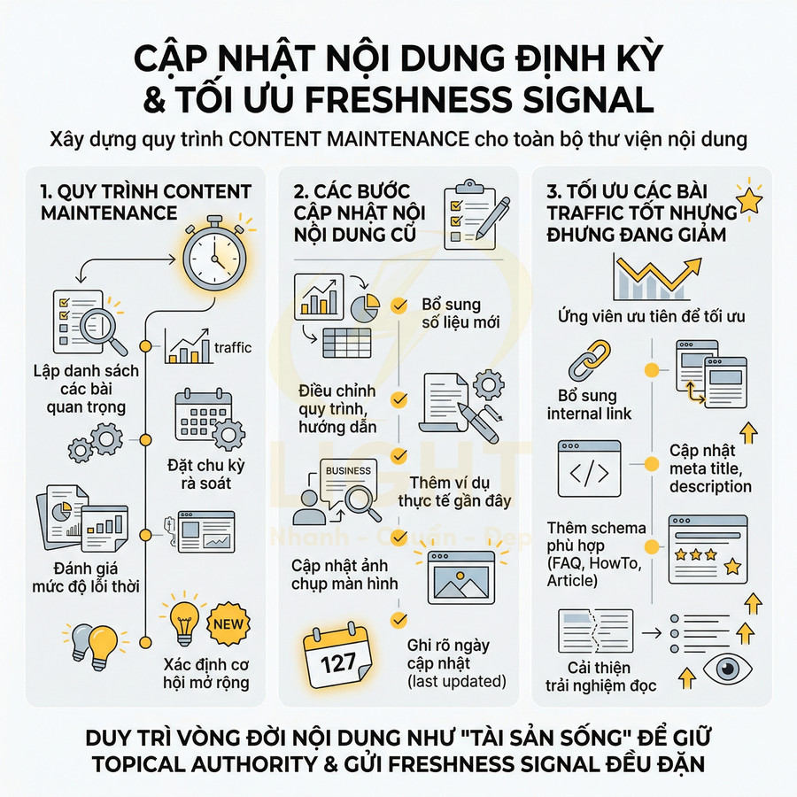 Infographic quy trình cập nhật nội dung định kỳ và tối ưu freshness signal cho chiến lược SEO content