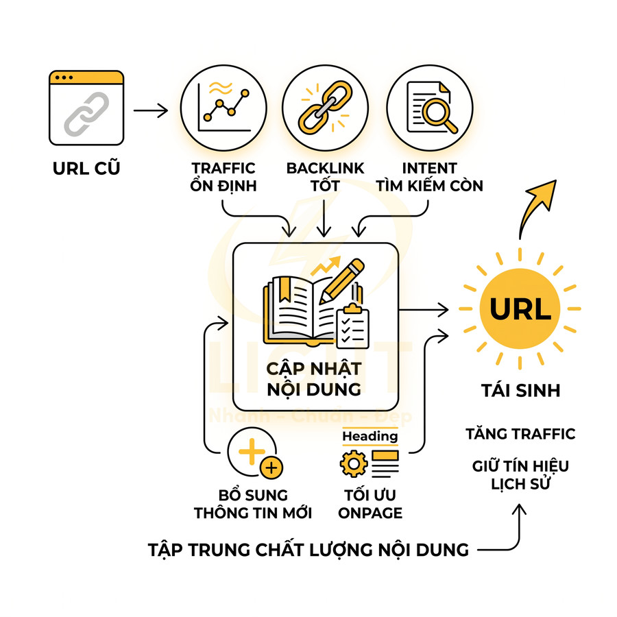 Quy trình cập nhật nội dung SEO cho URL cũ để tái sinh URL, tăng traffic và giữ tín hiệu lịch sử
