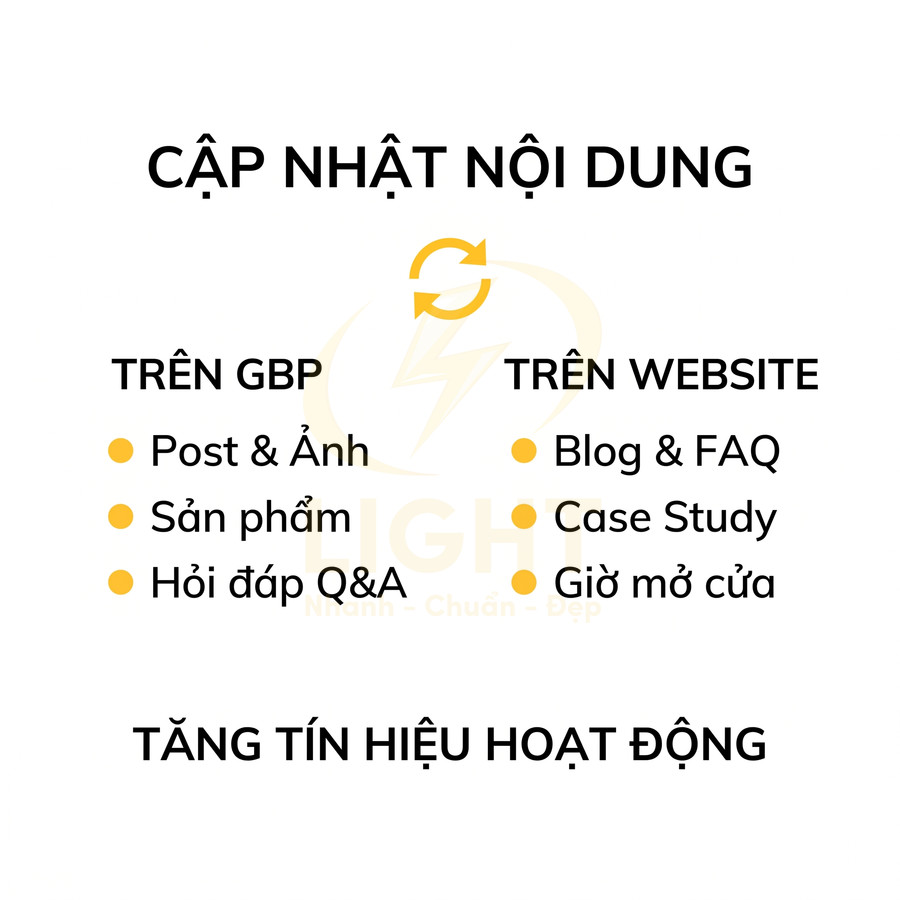 Hướng dẫn cập nhật nội dung GBP và website gồm bài viết, sản phẩm, hỏi đáp, blog, case study để tăng tín hiệu hoạt động