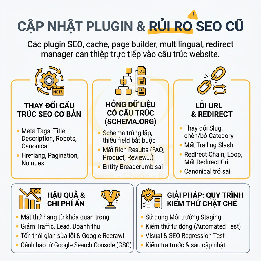 Cập nhật plugin và rủi ro SEO cũ, liệt kê lỗi cấu trúc, URL, hậu quả và quy trình kiểm thử giải pháp