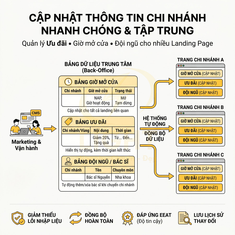 Mô hình hệ thống cập nhật tập trung giờ mở cửa, ưu đãi và đội ngũ chi nhánh cho nhiều landing page