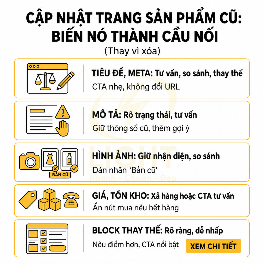 Hướng dẫn cập nhật trang sản phẩm cũ thành trang tư vấn so sánh với CTA xem chi tiết nổi bật