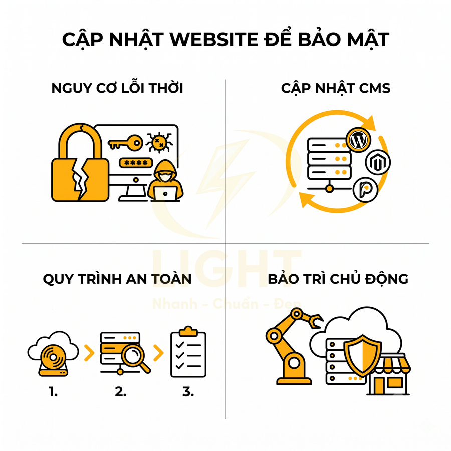Minh họa cập nhật website bảo mật với nguy cơ lỗi thời, cập nhật CMS, quy trình an toàn và bảo trì chủ động
