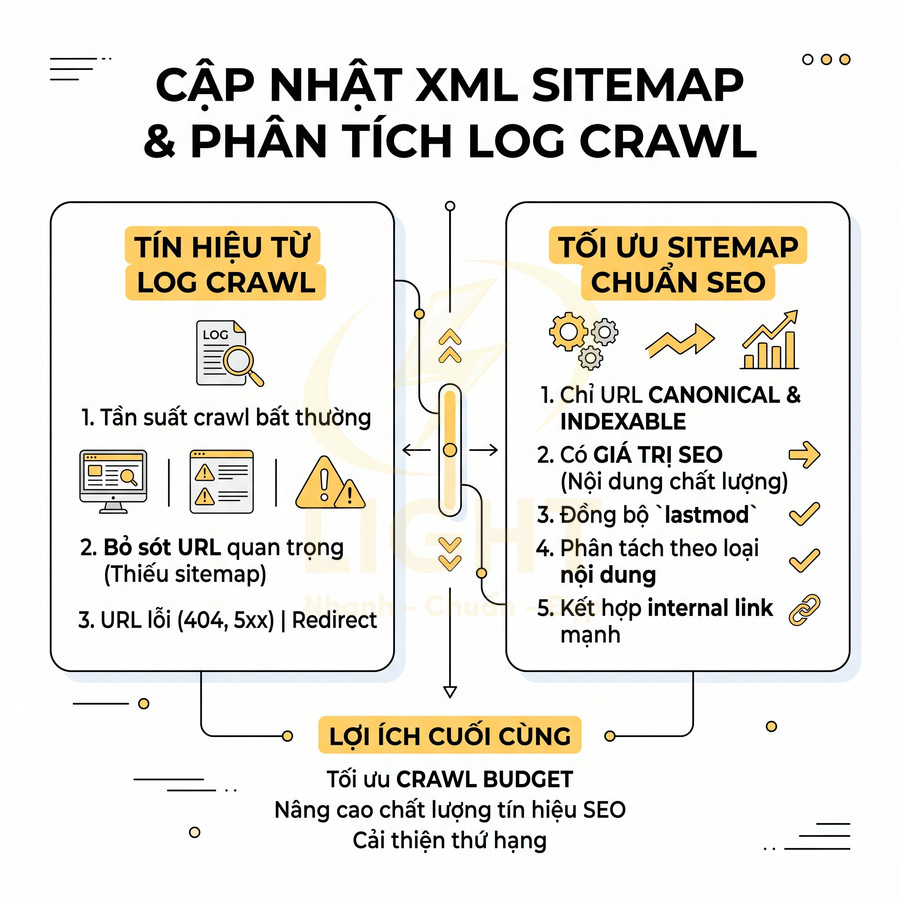 Infographic hướng dẫn cập nhật XML sitemap và phân tích log crawl để tối ưu SEO và crawl budget