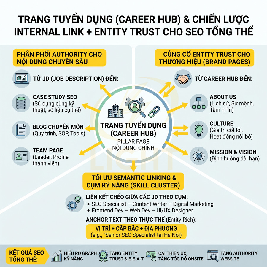 Infographic chiến lược trang tuyển dụng Career Hub với internal link và entity trust tối ưu SEO tổng thể