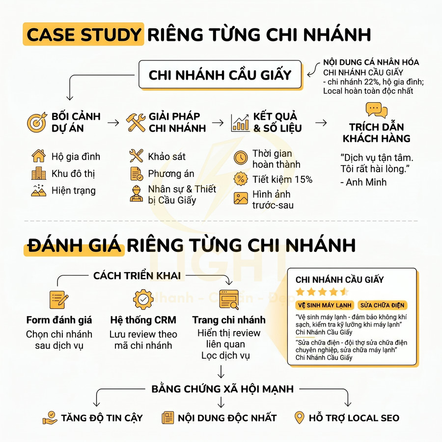 Infographic case study chi nhánh Cầu Giấy với quy trình triển khai, đánh giá chi nhánh và tối ưu Local SEO