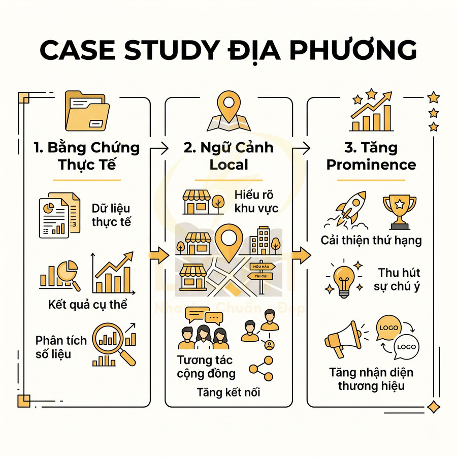 Infographic case study địa phương với ba bước: bằng chứng thực tế, ngữ cảnh local và tăng prominence trong marketing