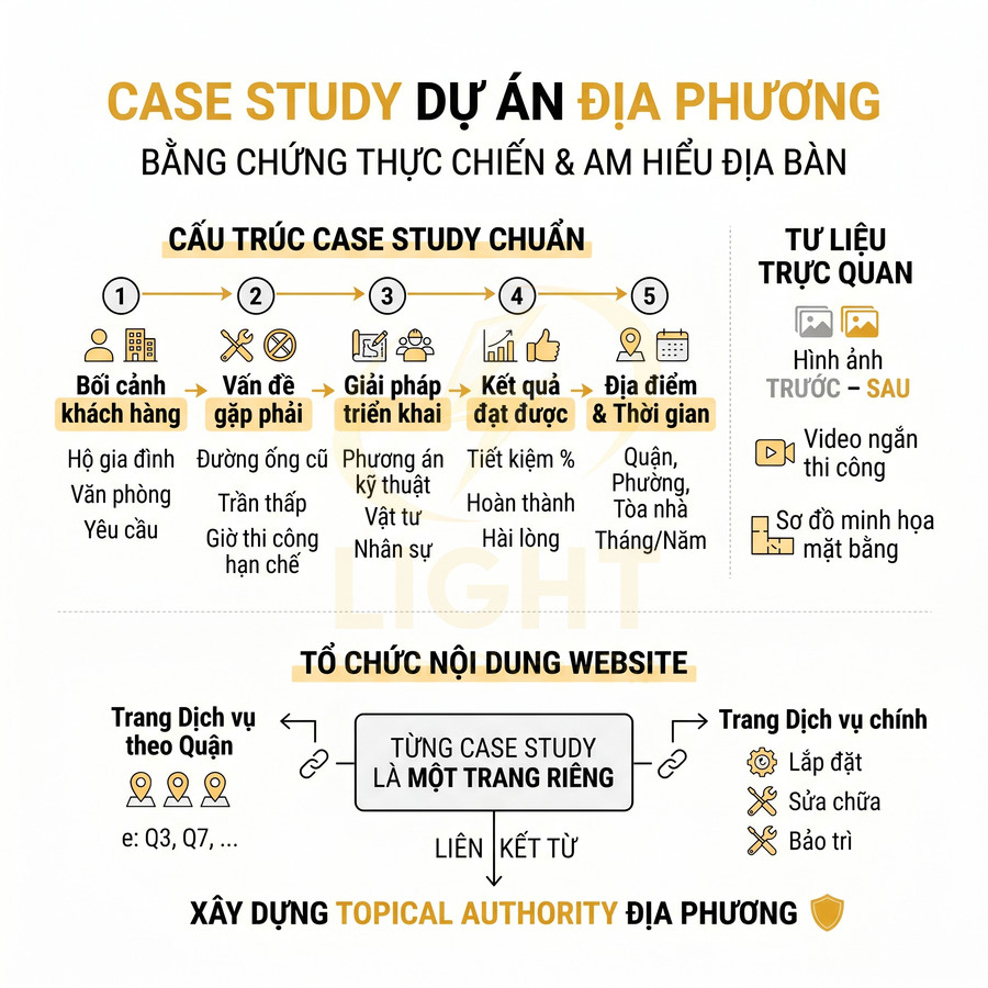 Infographic hướng dẫn cấu trúc case study dự án địa phương và cách tổ chức nội dung website xây dựng topical authority