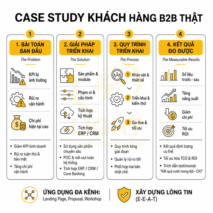 Case study khách hàng B2B thật với 4 bước: bài toán, giải pháp, quy trình triển khai và kết quả đo được