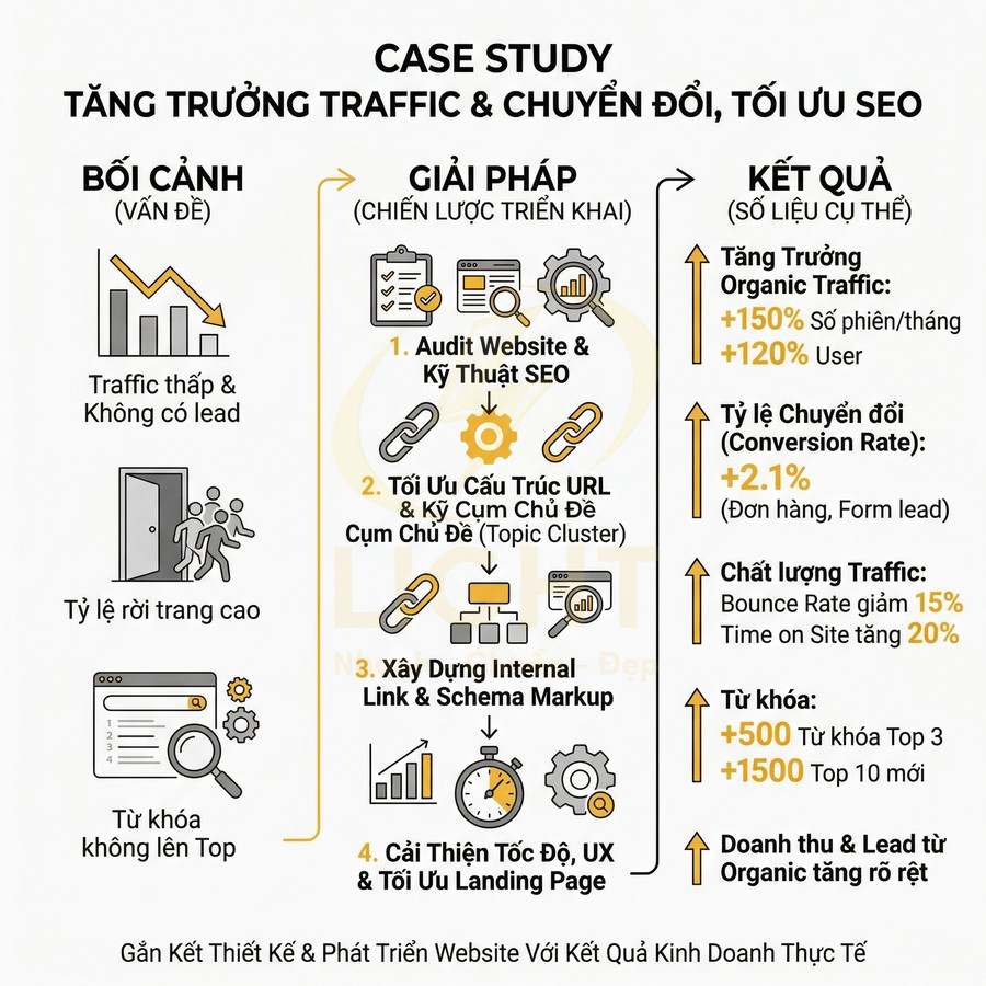 Case study tăng trưởng traffic và chuyển đổi nhờ tối ưu SEO với các bước audit, tối ưu URL, internal link và cải thiện UX