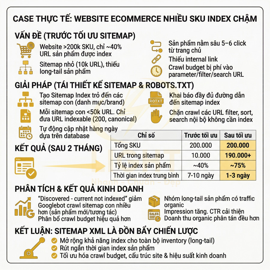 Infographic tối ưu sitemap XML giúp website ecommerce nhiều SKU index nhanh và tăng tỷ lệ index sản phẩm