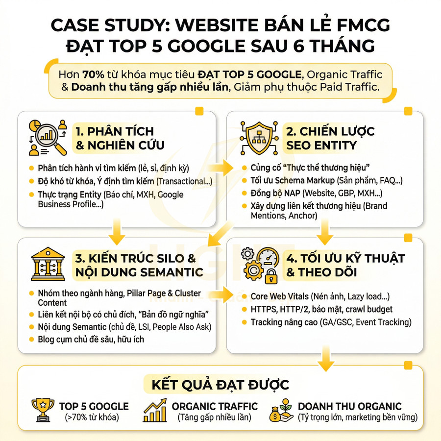Case study SEO website bán lẻ FMCG đạt top 5 Google sau 6 tháng với quy trình tối ưu và kết quả tăng trưởng organic