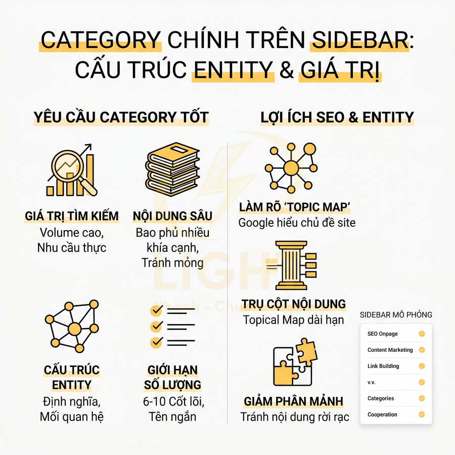 Infographic hướng dẫn xây dựng category chính trên sidebar với cấu trúc entity và lợi ích SEO