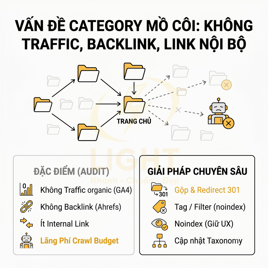 Minh họa vấn đề category mồ côi trong SEO và giải pháp audit, redirect 301, noindex, tối ưu internal link