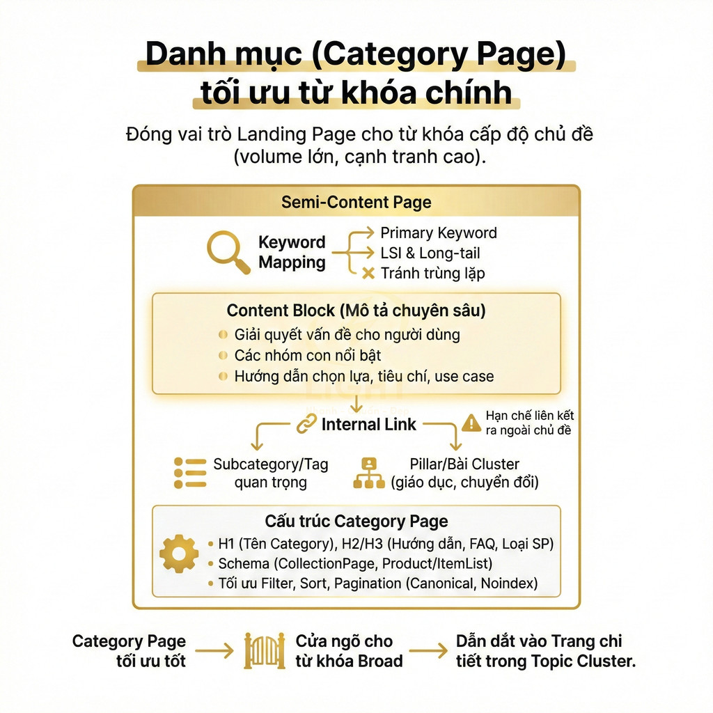 Sơ đồ tối ưu Category Page chuẩn SEO với keyword mapping, content block, internal link và cấu trúc trang danh mục