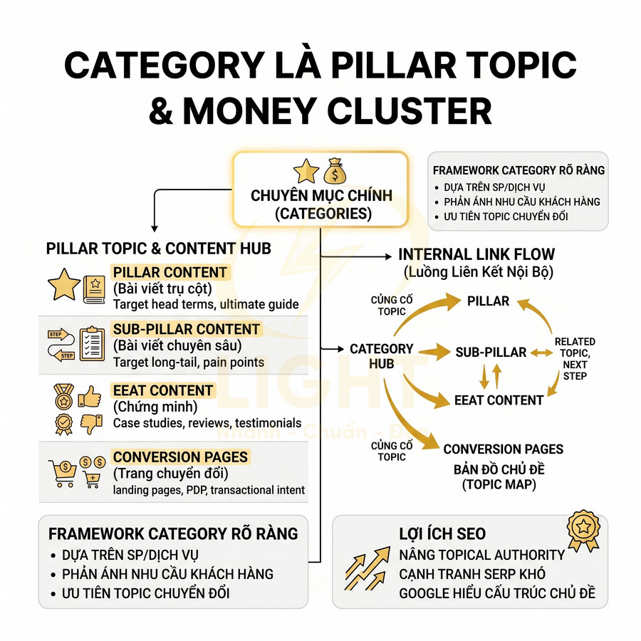 Mô hình category làm pillar topic và money cluster với pillar, sub pillar, EEAT content và luồng internal link cho SEO