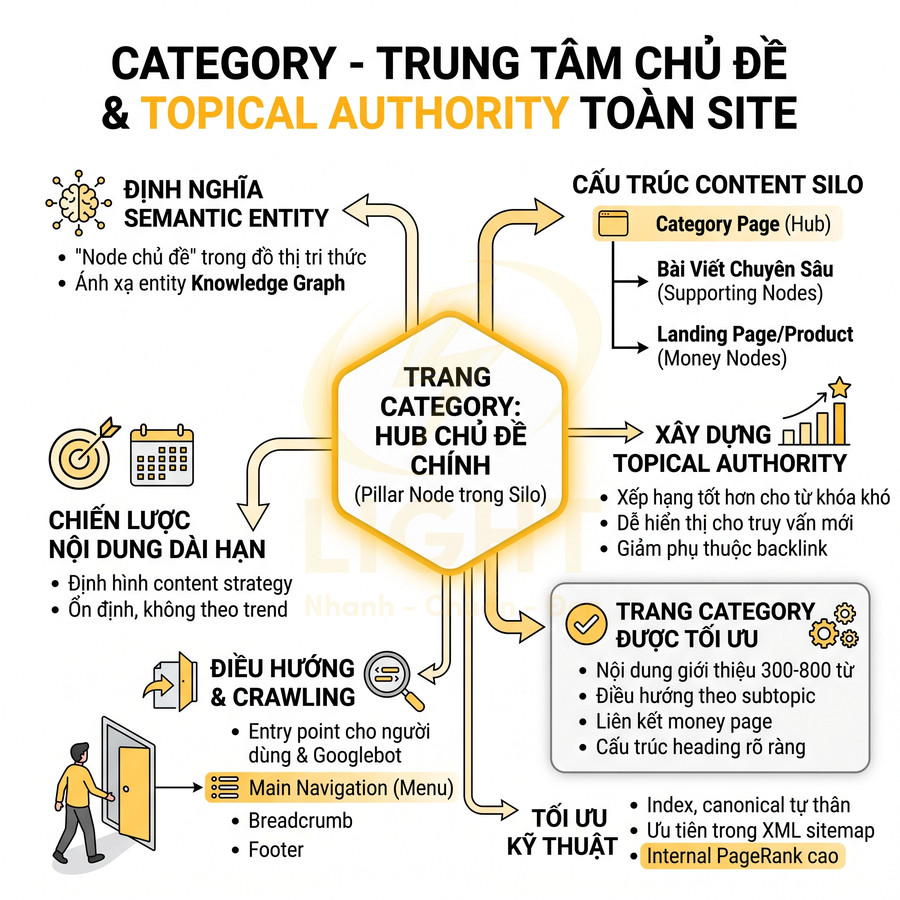Sơ đồ vai trò trang category trong cấu trúc content silo và xây dựng topical authority cho toàn website