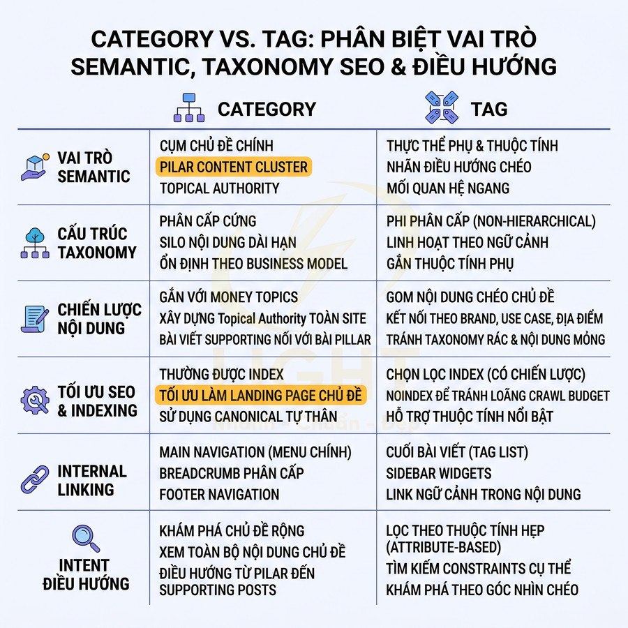Bảng so sánh Category và Tag trong SEO về vai trò semantic, taxonomy, điều hướng và tối ưu nội dung