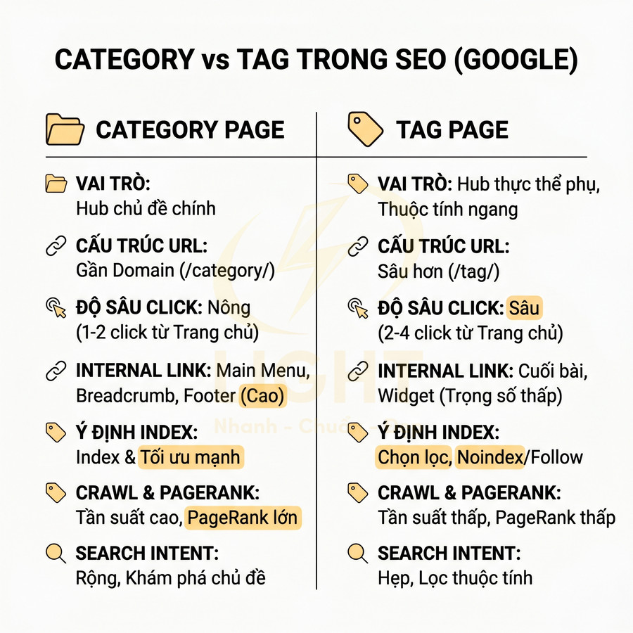 Bảng so sánh Category page và Tag page trong SEO Google về vai trò, cấu trúc URL, internal link, crawl và search intent