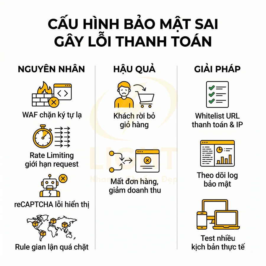 Cấu hình bảo mật sai gây lỗi thanh toán, liệt kê nguyên nhân hậu quả và giải pháp tối ưu cho website thương mại điện tử