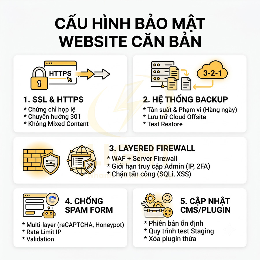 Cấu hình bảo mật website cơ bản với SSL HTTPS, backup, firewall nhiều lớp, chống spam form và cập nhật CMS plugin