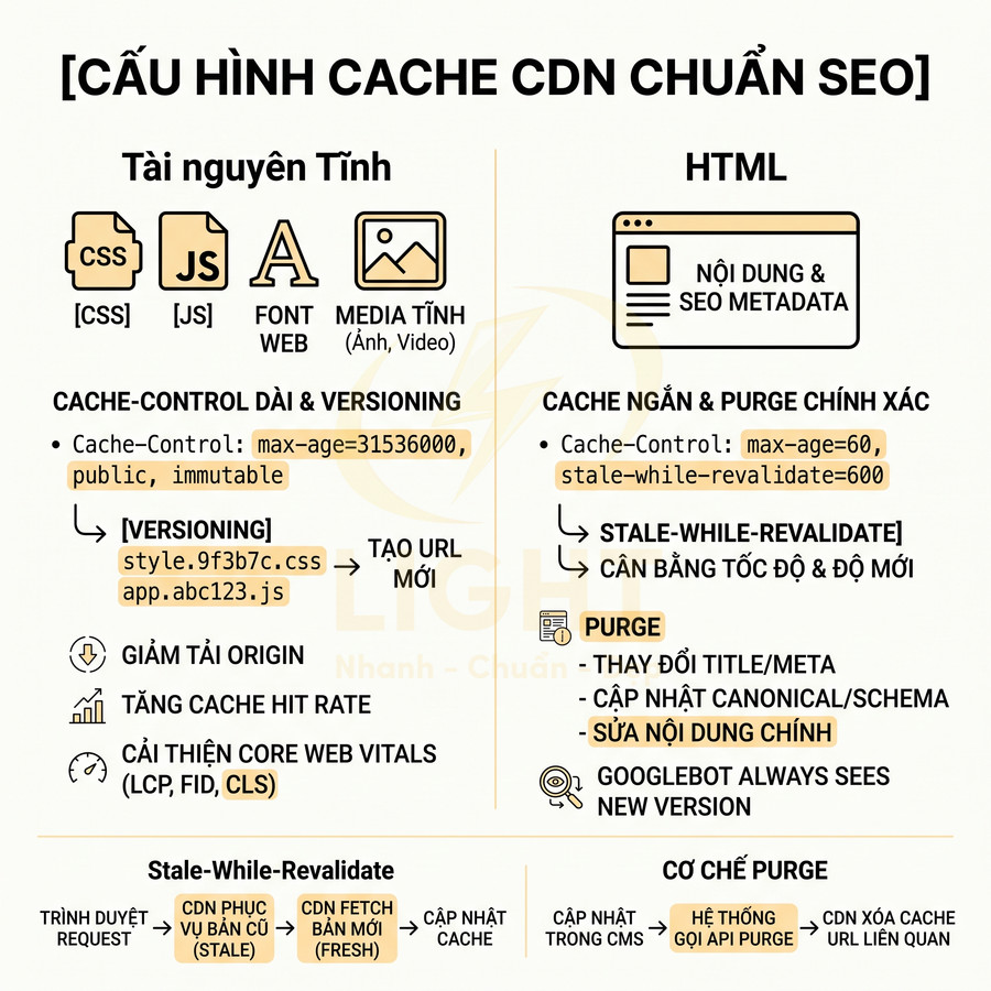 Cấu hình cache CDN chuẩn SEO cho tài nguyên tĩnh và HTML với cache control, versioning và cơ chế stale while revalidate