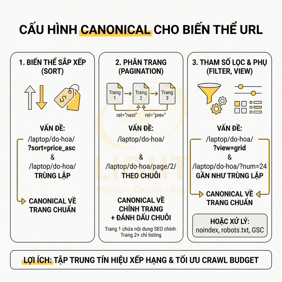 Hướng dẫn cấu hình thẻ canonical cho biến thể URL sắp xếp, phân trang và tham số lọc trong SEO