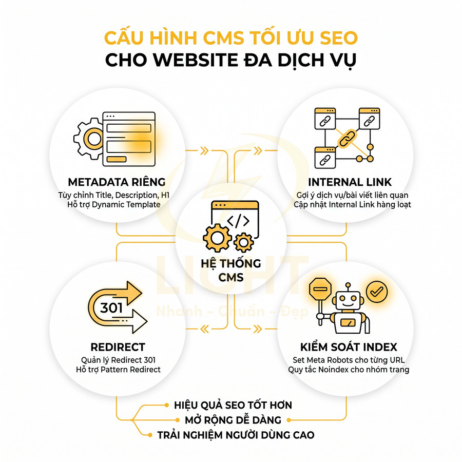 Cấu hình CMS tối ưu SEO cho website đa dịch vụ với metadata riêng, internal link, redirect 301 và kiểm soát index
