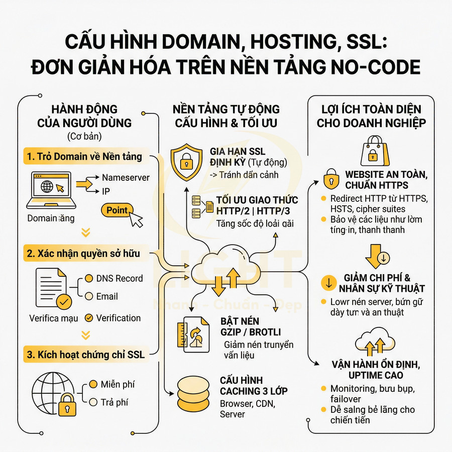 Infographic cấu hình domain, hosting, SSL tự động trên nền tảng no code và lợi ích cho doanh nghiệp