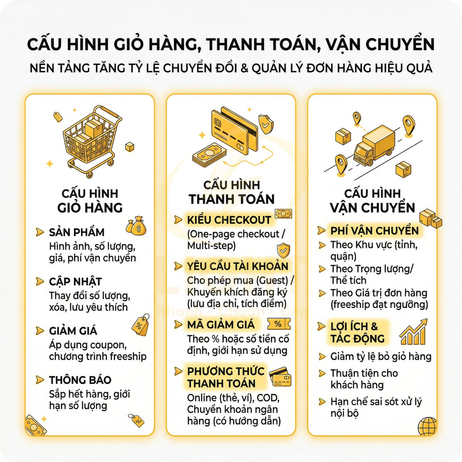 Cấu hình giỏ hàng thanh toán vận chuyển tối ưu chuyển đổi và quản lý đơn hàng cho website bán hàng