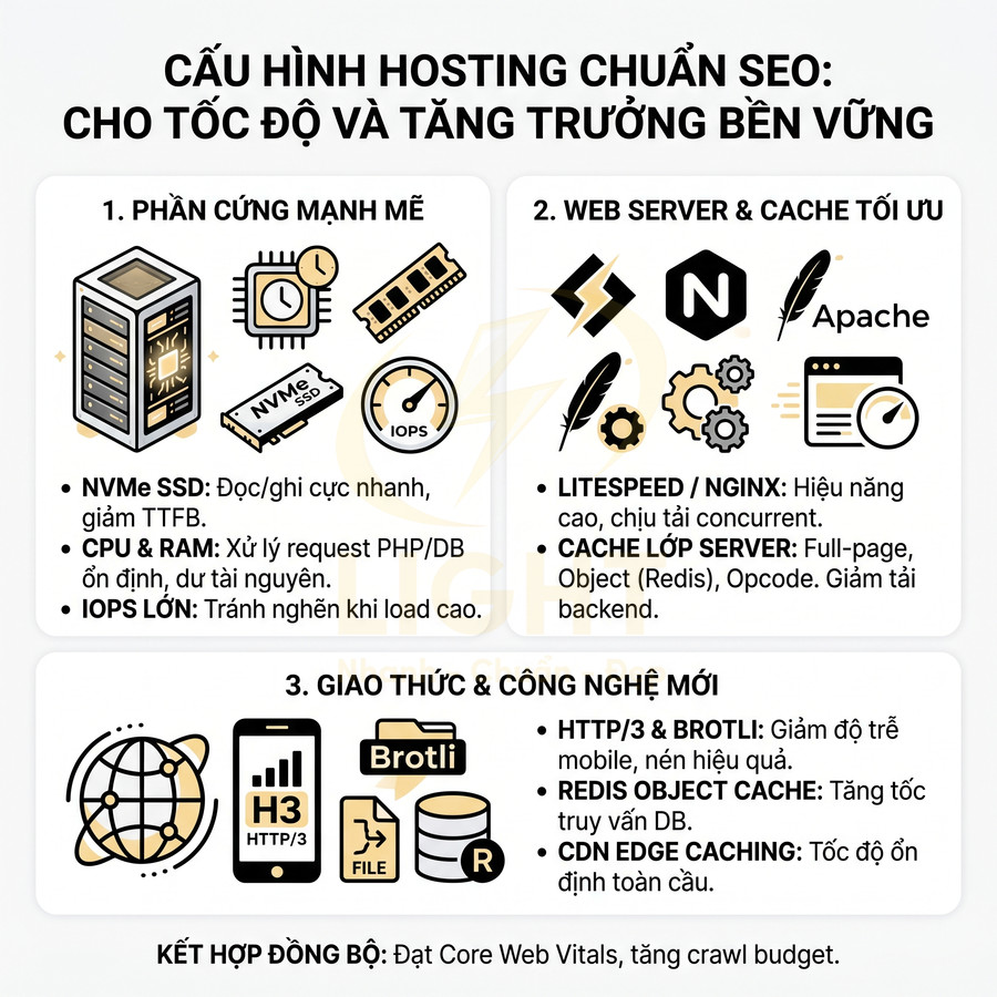 Cấu hình hosting chuẩn SEO với NVMe SSD, LiteSpeed Nginx, HTTP3 Brotli, Redis cache và CDN edge caching