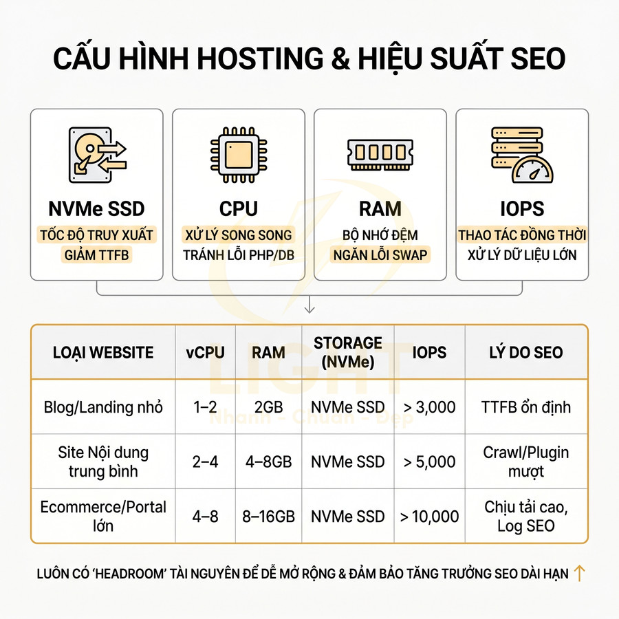 Bảng cấu hình hosting NVMe SSD tối ưu hiệu suất SEO cho blog, site nội dung và ecommerce