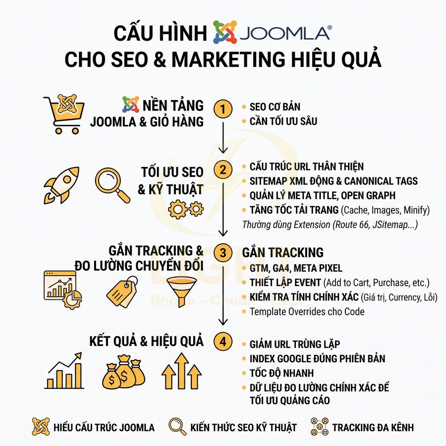 Infographic cấu hình Joomla tối ưu SEO kỹ thuật, tracking chuyển đổi và cải thiện hiệu quả marketing