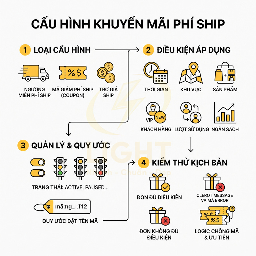 Infographic hướng dẫn cấu hình khuyến mãi phí ship với loại cấu hình, điều kiện áp dụng, quản lý và kiểm thử kịch bản