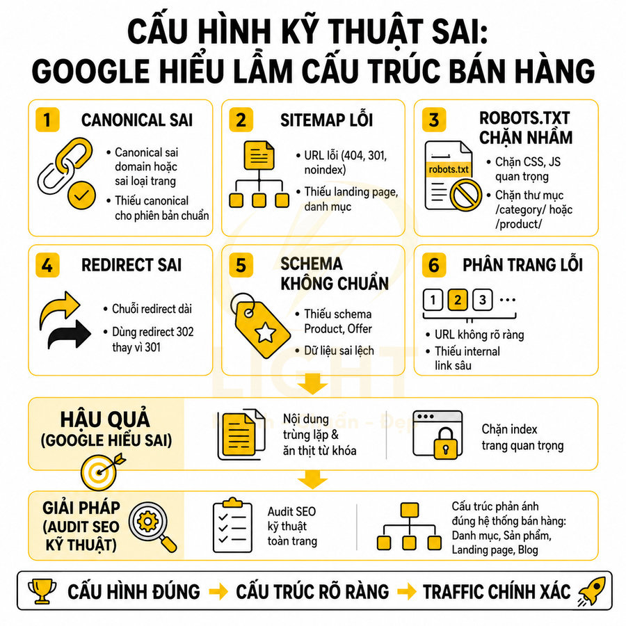 Infographic các lỗi cấu hình kỹ thuật SEO khiến Google hiểu sai cấu trúc bán hàng và gợi ý giải pháp audit SEO