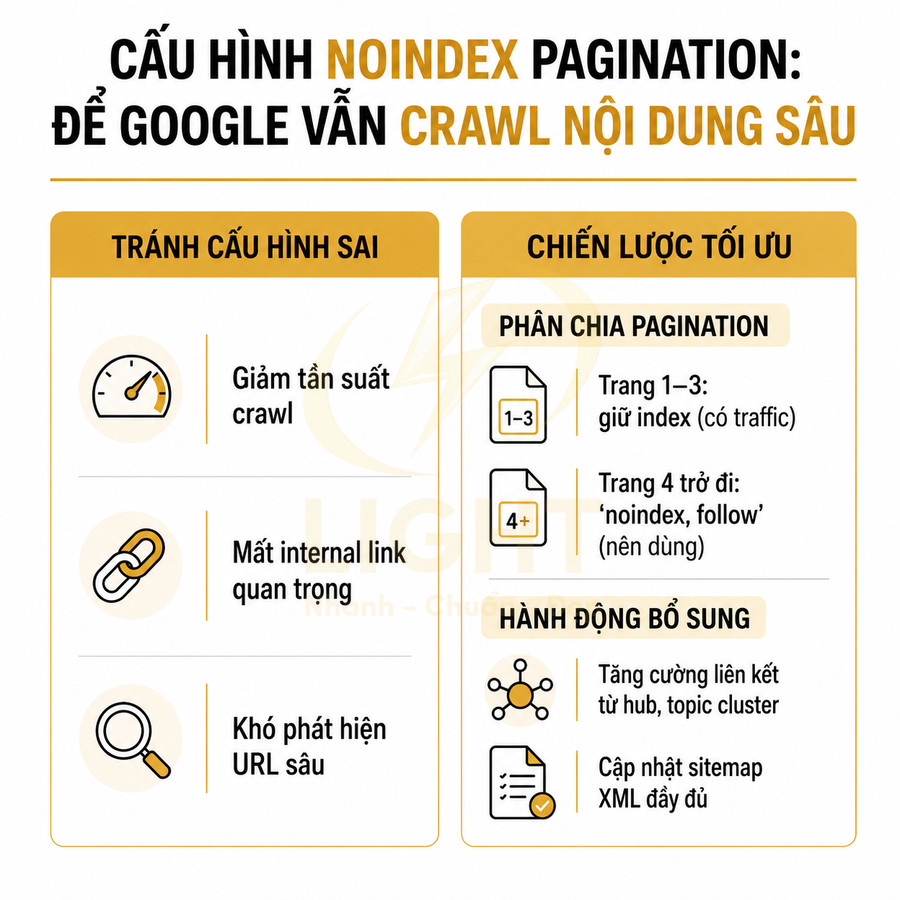 Hướng dẫn cấu hình noindex pagination để Google vẫn crawl nội dung sâu và tối ưu chiến lược phân trang SEO