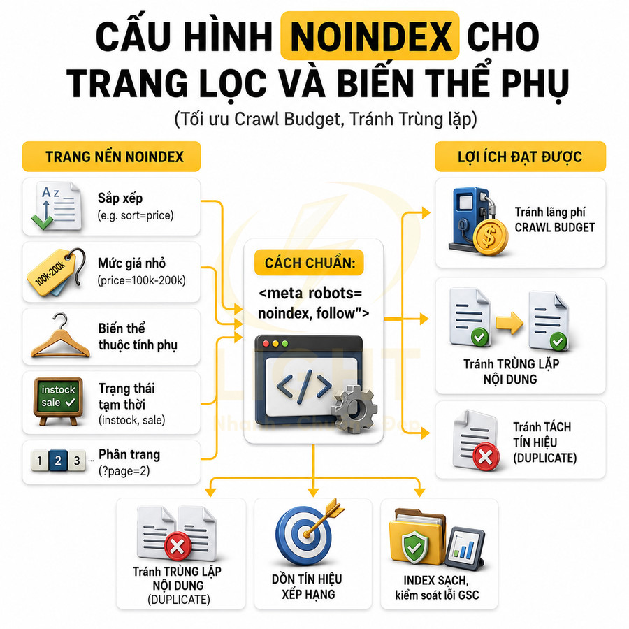 Hướng dẫn cấu hình thẻ meta robots noindex cho trang lọc và biến thể phụ để tối ưu crawl budget và tránh trùng lặp nội dung