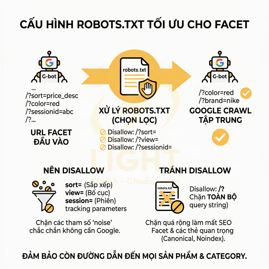 Hướng dẫn cấu hình file robots.txt tối ưu cho URL facet giúp Google crawl tập trung và giữ SEO cho sản phẩm, category