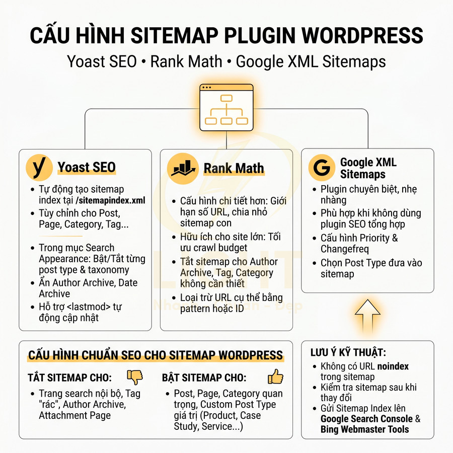 Hướng dẫn cấu hình sitemap cho plugin WordPress Yoast SEO Rank Math Google XML Sitemaps chuẩn SEO