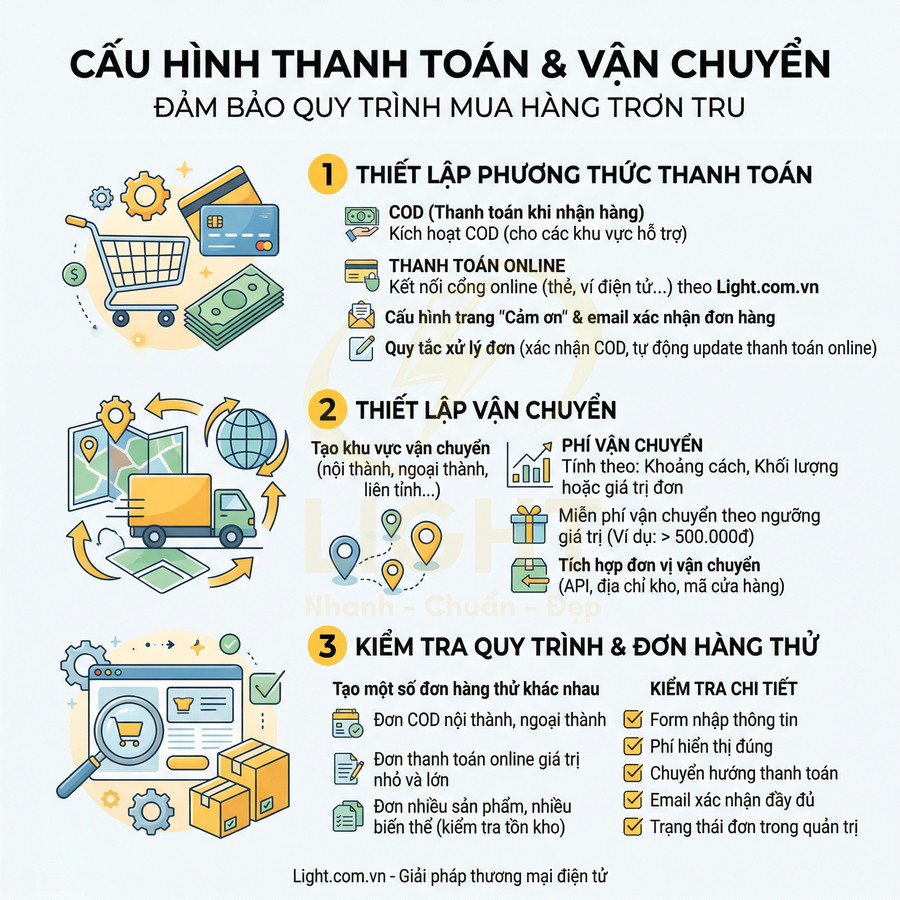 Infographic cấu hình thanh toán và vận chuyển cho website bán hàng Light.com.vn, hướng dẫn thiết lập COD, online và phí ship