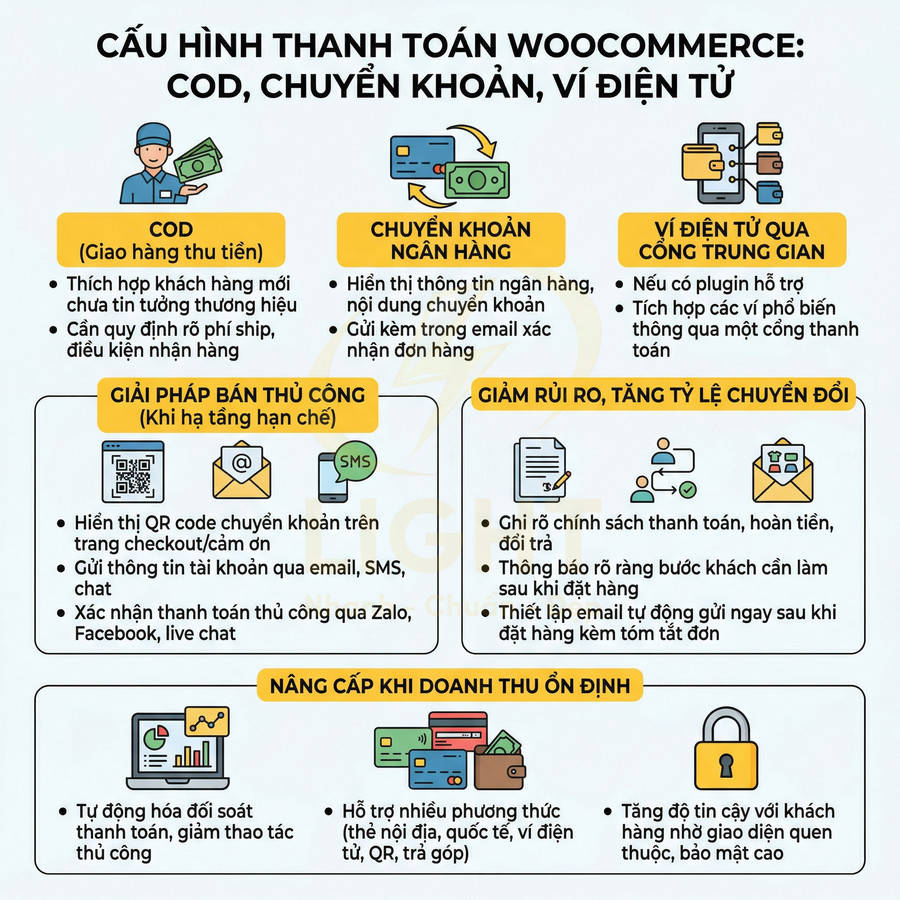 Infographic cấu hình thanh toán WooCommerce với COD, chuyển khoản ngân hàng, ví điện tử và giải pháp tối ưu chuyển đổi