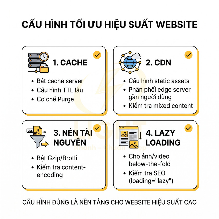 Cấu hình tối ưu hiệu suất website với cache, CDN, nén tài nguyên và lazy loading cho hình ảnh video