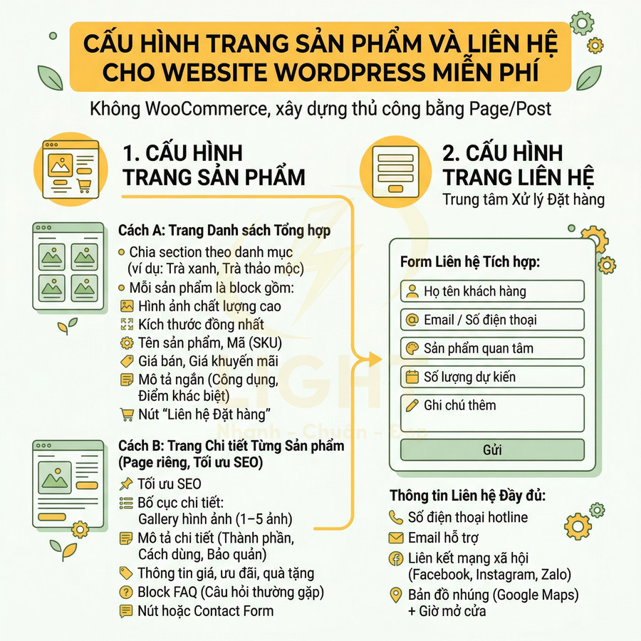Hướng dẫn cấu hình trang sản phẩm và trang liên hệ cho website WordPress miễn phí không dùng WooCommerce