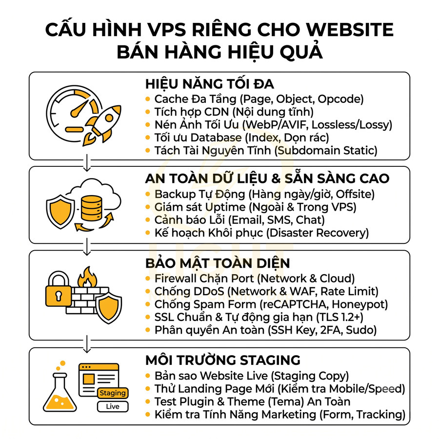 Cấu hình VPS riêng cho website bán hàng với hiệu năng tối đa, an toàn dữ liệu, bảo mật và môi trường staging