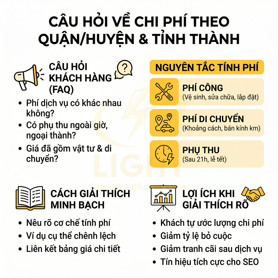 Infographic giải thích câu hỏi chi phí dịch vụ theo quận huyện, nguyên tắc tính phí, cách giải thích minh bạch và lợi ích cho khách hàng