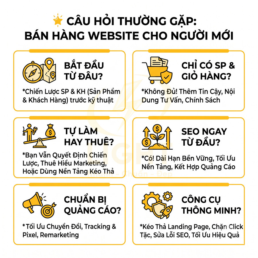 Câu hỏi thường gặp khi bán hàng website cho người mới với các bước chiến lược, SEO, quảng cáo và công cụ hỗ trợ