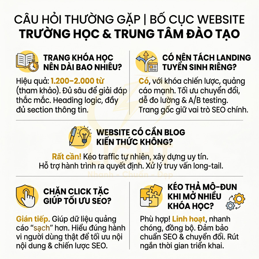 Infographic hướng dẫn bố cục website trường học và trung tâm đào tạo với các mẹo tối ưu SEO và nội dung khóa học