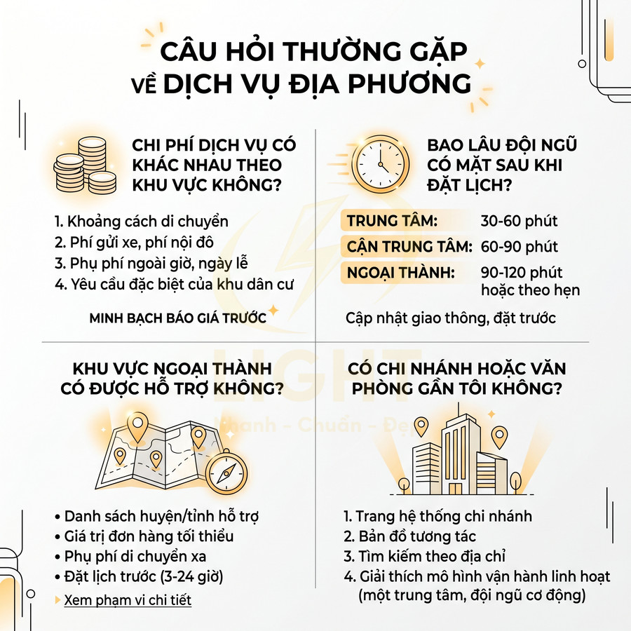 Infographic câu hỏi thường gặp về dịch vụ địa phương, giải đáp chi phí, thời gian hỗ trợ và khu vực phục vụ