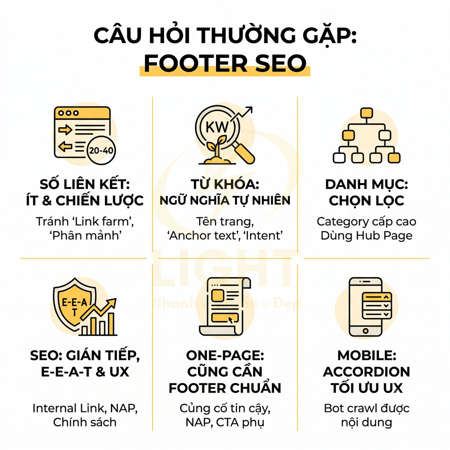 Infographic các câu hỏi thường gặp về footer SEO với liên kết, từ khóa, danh mục, UX và tối ưu trên mobile