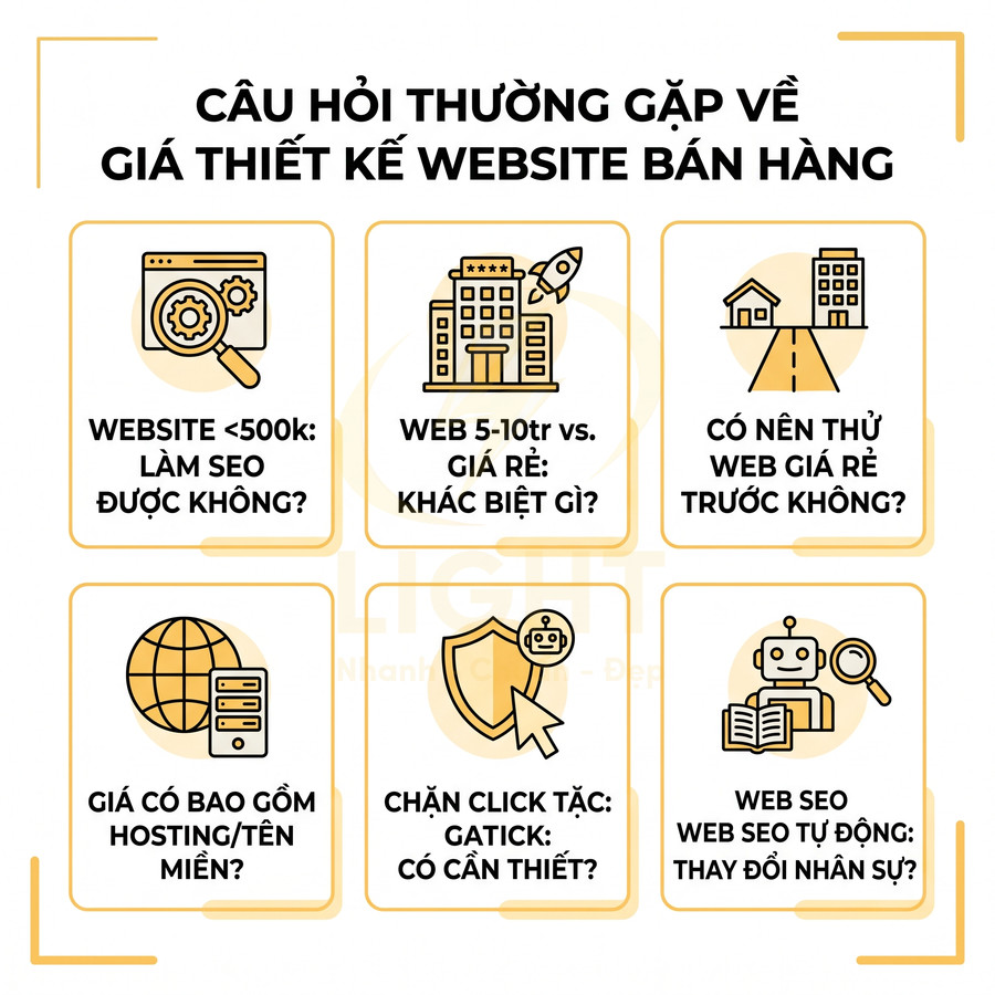 Các câu hỏi thường gặp về giá thiết kế website bán hàng và dịch vụ SEO, hosting, bảo mật